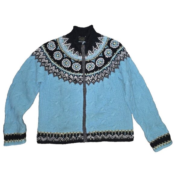 Icelandic Design Sweater Womens Medium Blue Full Zip Nordic Fair Isle Angora - Picture 1 of 8